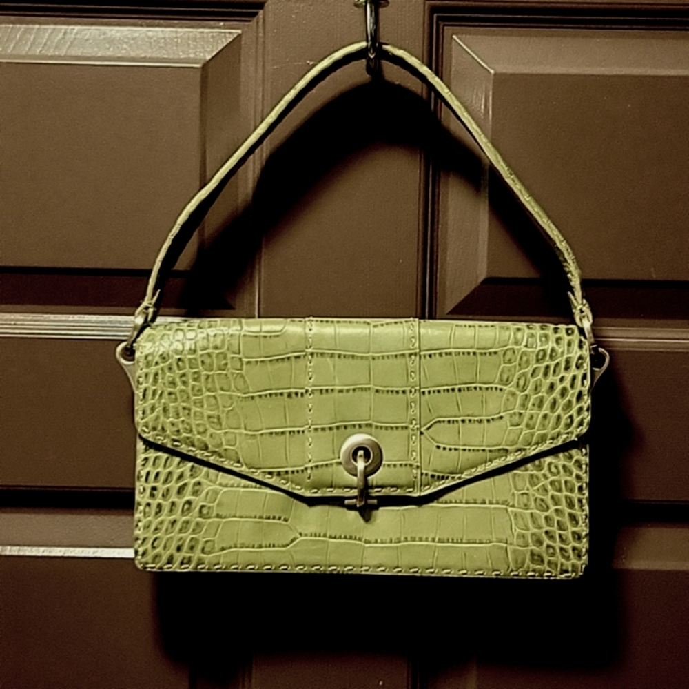 Ann Taylor Olive Sage Leather Snake Reptile Stamped Envelope Gold Purse Handbag